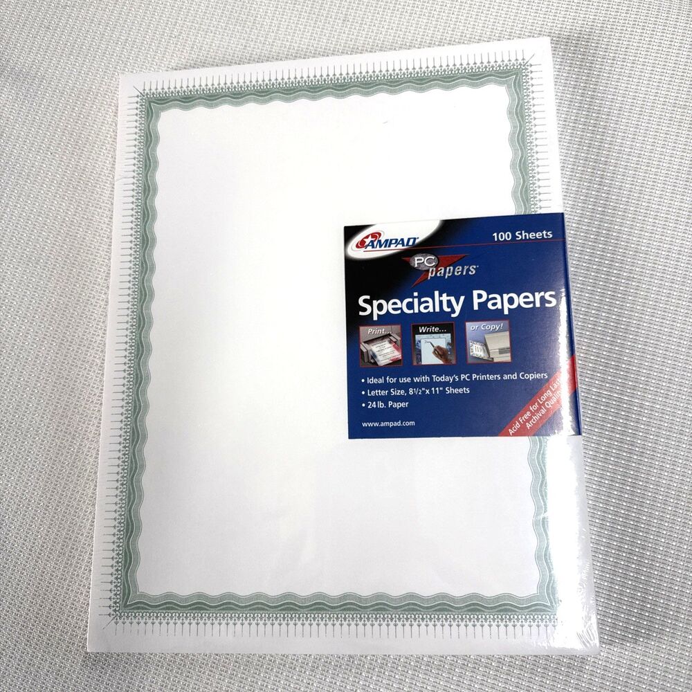 Vintage Ampad Green Certificate Specialty Paper 100 Sheets 8.5 x 11 Item #35506